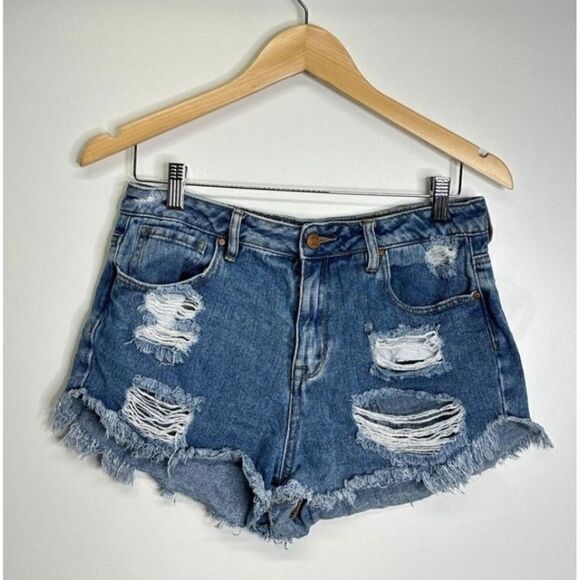 Pacsun High Rise Festival Denim Shorts Distressed Frayed Hem Blue Size 28 - Picture 1 of 6